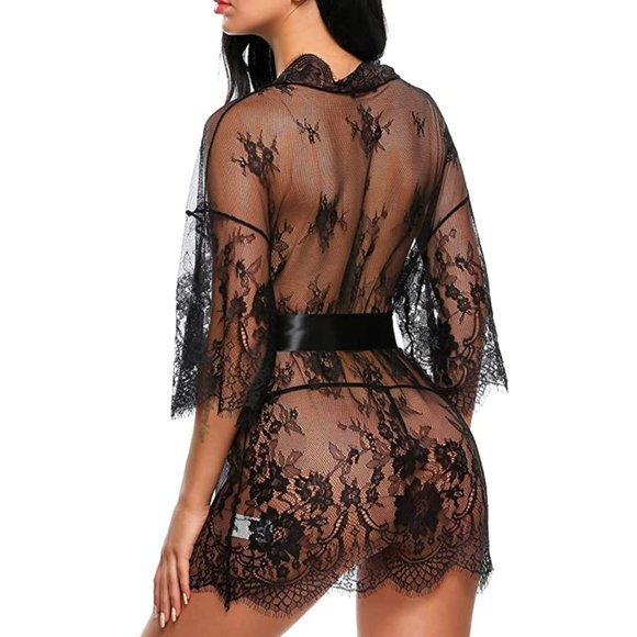 Black Lace Lingerie Robe And Thong Set With Satiny Belt - Picture 9 of 16